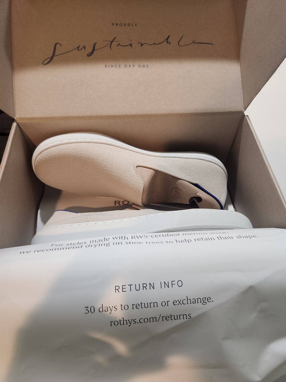 Rothy's Slip-On Sneaker  Sand with White. New In Box Size 7. Orignal Slip On